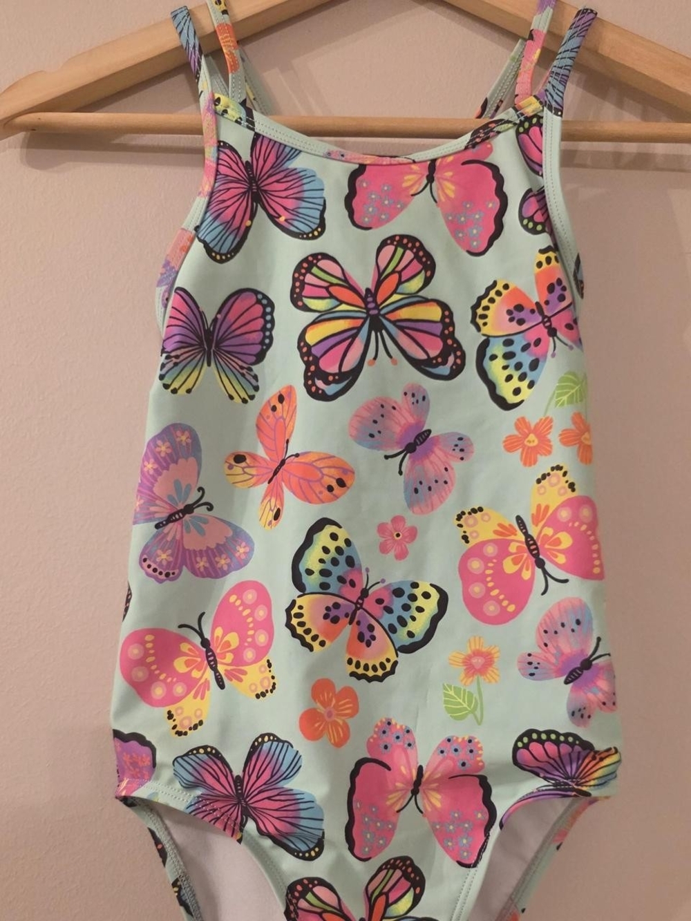 Girls Butterfly One-Piece Swimsuit - Mint with Neon Butterflies